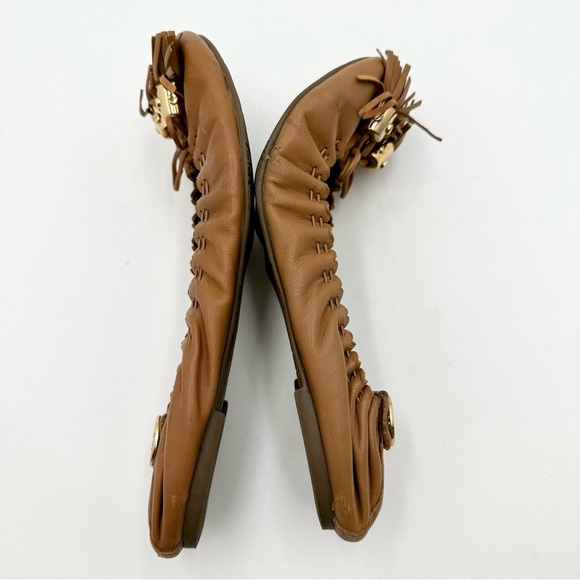 Tory Burch Reese Mestico Royal Tan Leather Ballet Flats Gold Accents Tassels - Picture 6 of 10